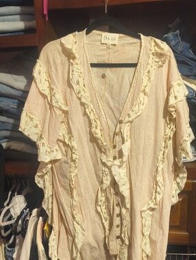 Oli & Hali Cream and Tan Striped Ruffle Blouse